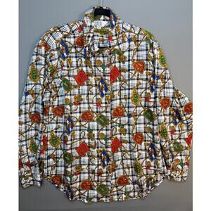 Vintage S.L.B. Sunny Leigh Womens M Baroque Crest Print Blouse Plaid Equestrian
